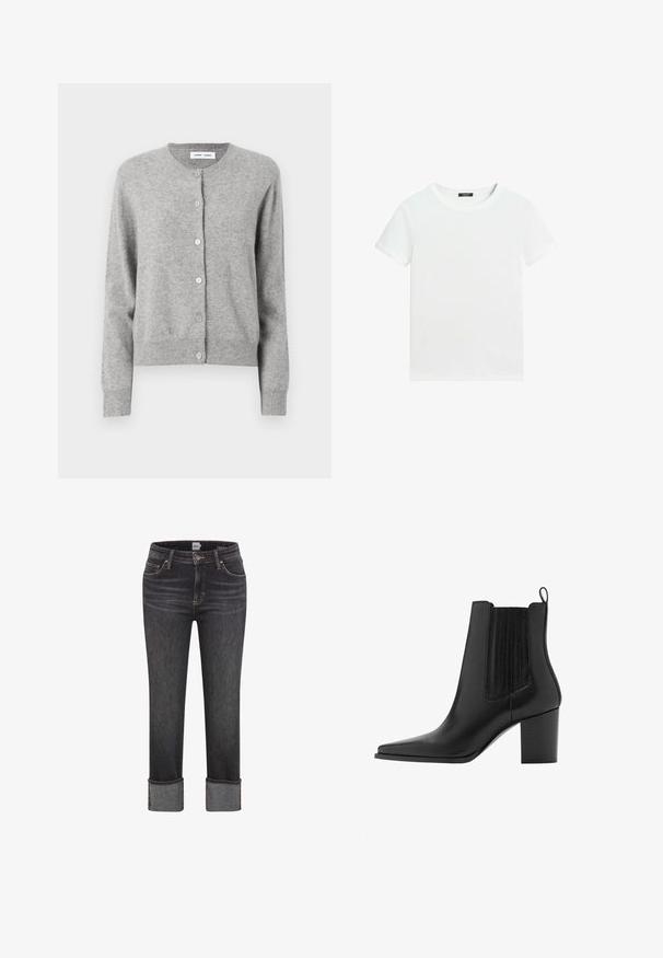 Grijze cardigan van zacht breimateriaal, met een ronde halslijn, lange mouwen en knoopsluiten aan de voorkant. Eenvoudig ontwerp.; Effen wit T-shirt met korte mouwen, een ronde hals en een klein zwart labeltje aan de binnenkant van de kraag.; Donkergrijze rechte jeans met omgevouwen pijpen, een knoop en rits aan de voorkant, riemlussen, en voor- en achterzakken.; Zwarte leren enkellaars met spits toelopende neus, blokhak, aantreklus en elastische zijpanelen voor gemakkelijk aan- en uittrekken.