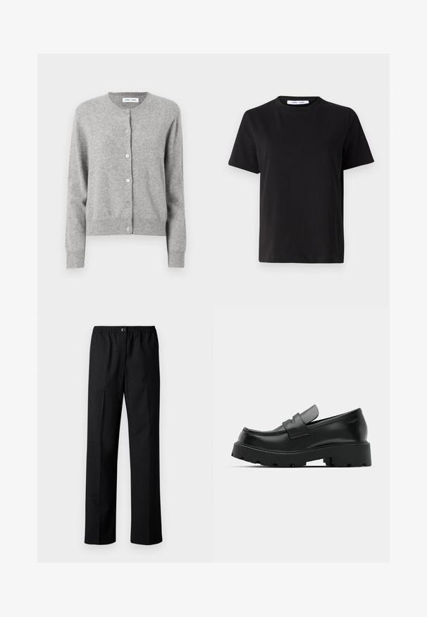 Grå cardigan lavet af blødt strikket materiale, med rund halsudskæring, lange ærmer og knaplukning hele vejen ned foran. Simpelt design.; Sort t-shirt med korte ærmer fremstillet af blødt bomuld, med rund halsudskæring, afslappet pasform og en glat overflade. Ingen synlige mønstre eller grafik.; Sorte bukser med lige ben, elastisk talje og knaplukning. Lavet af vævet stof med en glat tekstur.; Sorte læder loafers med en chunky tekstureret sål, der har en rem over vamps og en glat, poleret finish.