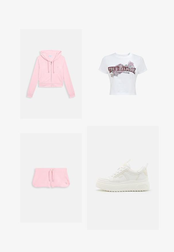 Kurze rosa Kapuzenjacke aus weichem Stoff, mit verstellbarem Kapuzenzug, zwei vorderen Taschen und einem kleinen gestickten Logo.; Weißes Cropped-T-Shirt mit kurzen Ärmeln, versehen mit dem Text "True Religion Brand Jeans" und floralen Designs in Rot, Pink und Grün auf der Vorderseite.; Rosa Shorts aus weichem Stoff, ausgestattet mit einem Kordelzug mit silbernen Tipps und einem kleinen gestickten Logo in der unteren rechten Ecke.; Weiße Leder-Sneaker mit einer klobigen Sohle, Schnürdesign und dezentem Branding. Sie verfügen über eine glatte Textur und eine abgerundete Zehenpartie.