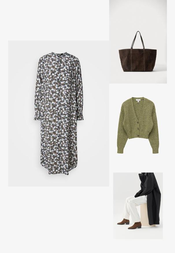 Cardigan en maille côtelée verte avec manches longues, col en V et trois boutons marron sur le devant.; Robe florale à coupe longue et ample avec des manches longues, un col rond, et un fond sombre agrémenté de motifs de fleurs blanches et bleues.; Bottines en suède marron à bout pointu et à petit talon carré, assorties avec un pantalon blanc et un manteau noir, assises sur un piédestal beige.; Sac cabas en daim brun foncé avec deux poignées en cuir noir et des détails de coutures verticales, présenté sur un fond clair uni.