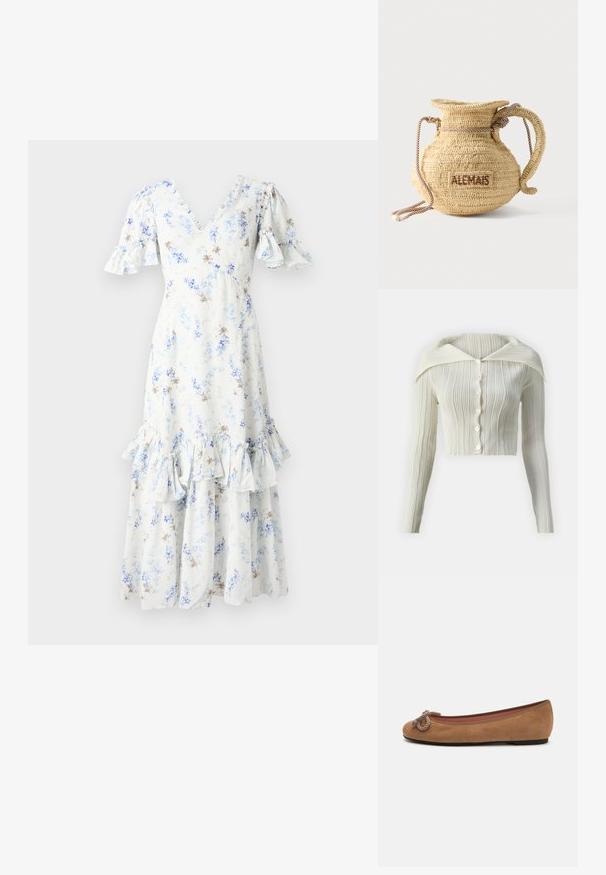 Cardigan blanc à côtes avec un col classique, des manches longues et six boutons sur le devant. Texture douce et design ajusté court.; Robe midi fleurie en bleu clair et blanc avec des manches bouffantes, un col en V et un ourlet à volants, ornée de accents et motifs en marron foncé éparpillés.; Ballerines en daim marron avec un bout rond, ornées d'un nœud en corde sur le devant et dotées d'une semelle plate.; Sac à main rond en paille tissée avec une anse en corde et "ALEMAIS" brodé sur le côté en fil marron.