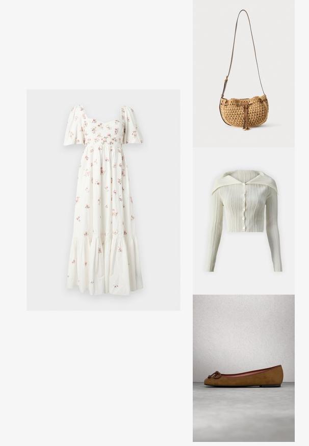 Cardigan blanc à côtes avec un col classique, des manches longues et six boutons sur le devant. Texture douce et design ajusté court.; Robe midi blanche avec manches bouffantes, corsage ajusté et petit imprimé floral rose, avec une jupe à volants froncés.; Ballerine en suède marron avec un bout arrondi, présentant un détail noué à l'avant, un fin liseré rouge et une semelle plate noire.; Petit sac d'épaule tressé beige avec bandoulière en cuir marron réglable et détail de lien en cuir à l'avant, suspendu sur fond blanc.