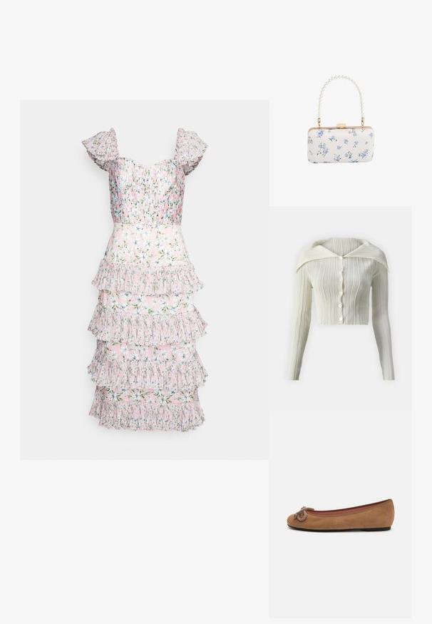 Weißes geripptes Cardigan mit klassischem Kragen, langen Ärmeln und sechs Knöpfen an der Vorderseite. Weiche Textur und taillierte, cropped Passform.; AMUR GRADY COMBO PLEATED - Cocktailkleid/festliches Kleid - rosewater posey; Braune Wildleder-Balletschuhe mit einer runden Zehenpartie, die vorn mit einem dekorativen Seilknoten verziert sind und eine flache Sohle haben.; Weiße rechteckige Clutch mit blauem Blumenmuster und einem Perlen-griff mit goldfarbenen Beschlägen und Verschluss.