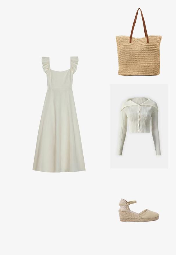Cárdigan blanco con costuras, cuello clásico, mangas largas y seis botones en el frente. Textura suave y diseño ajustado y corto.; Vestido sin mangas de color crema con escote cuadrado y detalles de volantes en los hombros, que cuenta con un corsé ajustado y una falda acampanada.; Cuña de esparto beige con parte trasera de tejido trenzado, tira al tobillo y plataforma envuelta en yute. Parte superior de lona suave y acentos texturizados.; Tote de paja trenzada con forma cilíndrica, en color beige claro, superficie texturada y asas de cuero sintético marrón.