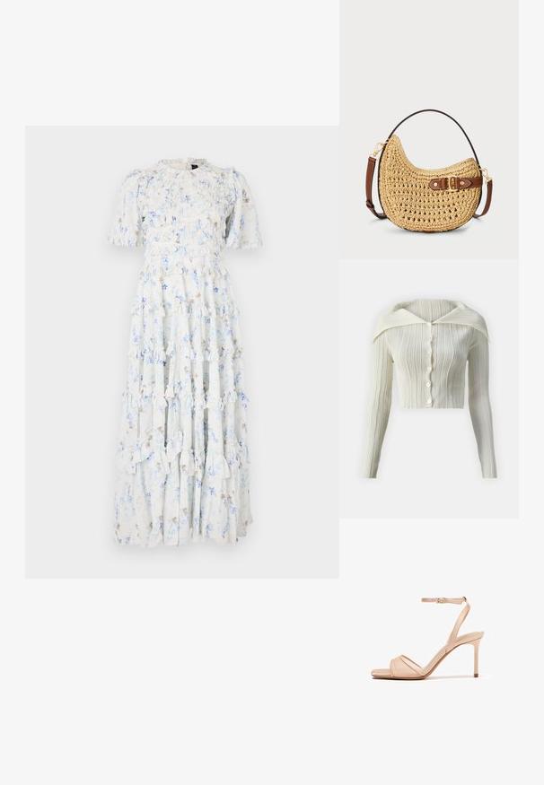 Cardigan blanc à côtes avec un col classique, des manches longues et six boutons sur le devant. Texture douce et design ajusté court.; Robe maxi en tissu bleu clair avec des motifs floraux, présentant des volants, des manches courtes et un col rond.; Sandale à talon haut beige avec fine lanière sur les orteils et bride de cheville réglable avec boucle, talon stiletto, modèle à bout ouvert.; Sac hobo en paille tissée avec une forme courbée, une sangle en cuir marron avec une boucle et une couleur beige naturel. Surface texturée avec des coutures visibles.