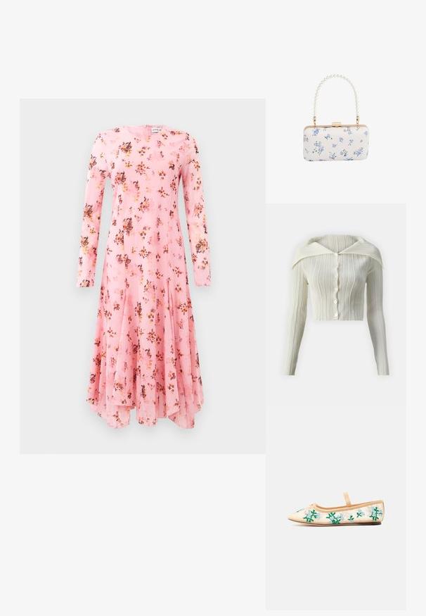 Hvid-ribbet cardigan med en klassisk krave, lange ærmer og seks knapper foran. Blød tekstur og tætsiddende, kort design.; Langærmet pink kjole med blomsterprint, der har rund halsudskæring og flagrende kant. Letvægtigt stof med en glat tekstur.; Beige balletsko med spids tå, enkeltrem og grønne samt lyseblå blomsterbroderier på gennemsigtige sider.; Hvid rektangulær clutch med blåt blomsterprint og perlebehandlet håndtag med guldfarvet hardware og lås.