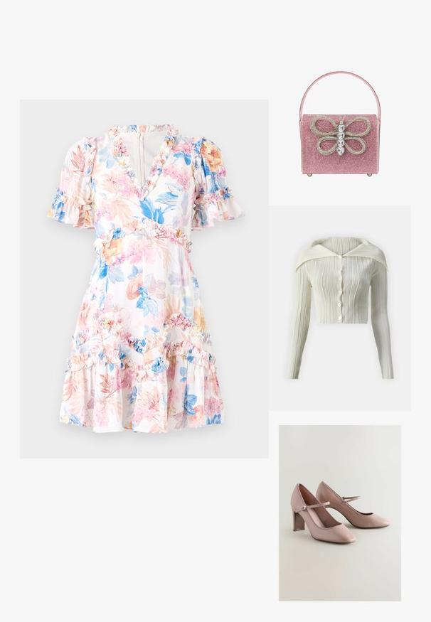 Hvid-ribbet cardigan med en klassisk krave, lange ærmer og seks knapper foran. Blød tekstur og tætsiddende, kort design.; Blomstret kjole med hvid bund, prydet med lyserøde, blå og gule blomster. Rynkede detaljer ved ærmer og nederkant, v-udskæring og en tætsiddende talje.; Lyserøde læder højhælede sko med spidse tæer, blonder langs åbningen og en bred ankelrem med en metallisk spænde.; Lyserød, glitrende taske med et fremtrædende sommerfugle-design og rhinestone-detaljer, rektangulær form og flad håndtag.