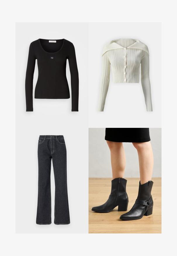 Hvid-ribbet cardigan med en klassisk krave, lange ærmer og seks knapper foran. Blød tekstur og tætsiddende, kort design.; Sort langærmet ribbet top med rund halsudskæring, der har et lille, kvadratisk Calvin Klein-logo som accent på brystet. Blød tekstur.; Mørk denim jeans med flare nederst og høj livvidde, prydet med gyldne syninger, fem lommer og knaplukning. Glat overflade, lige ben-design.; Sorte læder ankelstøvler med spids tå, lynlås lukning, buet hæl og en dekorativ rem med metal detaljer.