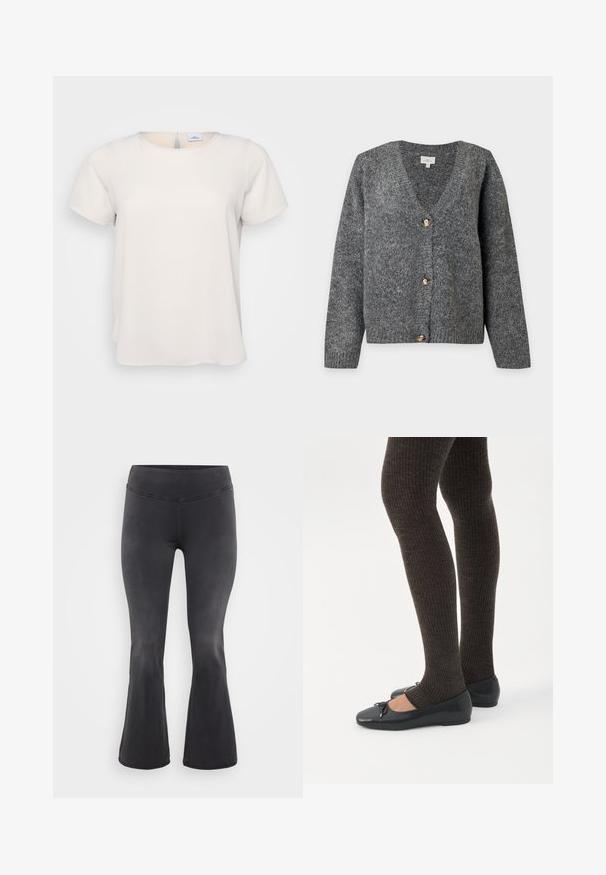 Donkergrijze gebreide V-hals cardigan met lange mouwen en drie grote bruine knopen aan de voorkant op een effen lichte achtergrond.; Korte mouwen, rondhals top in lichtbeige stof met een gladde textuur; heeft een keyhole detail aan de achterkant en een relaxte pasvorm.; ONLY Carmakoma Flared fit CARROYAL Mid waist - Flared Jeans - washed black; Benen met donkere geribbelde leggings gecombineerd met zwarte ballerina's met kleine strikdetails op een witte achtergrond.