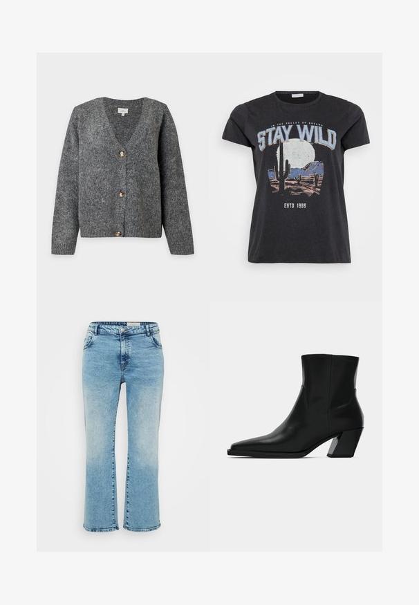 Mørkegrå strikket V-hals cardigan med lange ærmer og tre store brune knapper foran på en ensfarvet lys baggrund.; Sort bomulds t-shirt med et grafisk print af en ørken-scene med kaktusser, en måne og sætningen "STAY WILD" i blå skrifttype.; Lyseblå denimjeans med lige snit, der har knaplukning, fem lommer og subtil falming ved knæene.; Sortlæder ankelstøvle med spids tå, en slank silhuet og en kraftig firkantet hæl. Glat tekstur med minimale stikninger.