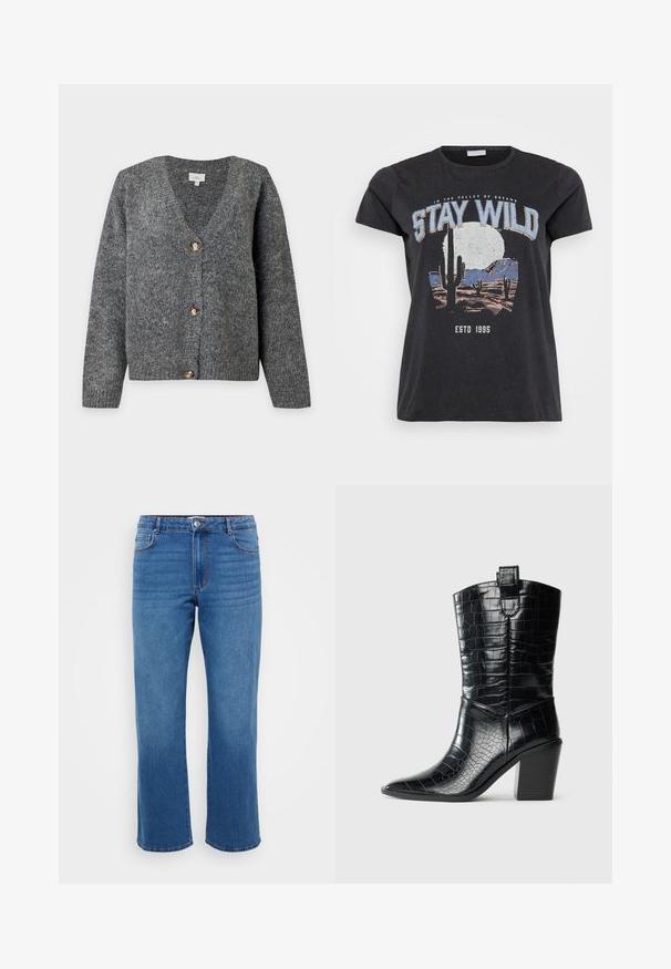 Dunkelgrauer gestrickter V-Ausschnitt-Cardigan mit langen Ärmeln und drei großen braunen Knöpfen vorne auf hellem, einfarbigem Hintergrund.; Schwarzes Baumwoll-T-Shirt mit einem grafischen Druck einer Wüstenlandschaft mit Kakteen, einem Mond und dem Schriftzug "STAY WILD" in blauer Schrift.; Blaue Jeans aus Denim mit geradem Beinansatz, ausgestattet mit einem Knopfverschluss, klassischem Fünf-Taschen-Design und subtiler, ausgewaschener Textur an den Oberschenkeln.; Schwarzer western Stiefel bis zur Mitte der Wade mit spitzer Zehe, Blockabsatz und glänzendem, krokodilgeprägtem Leder in Kontrast zu einem weißen Hintergrund.