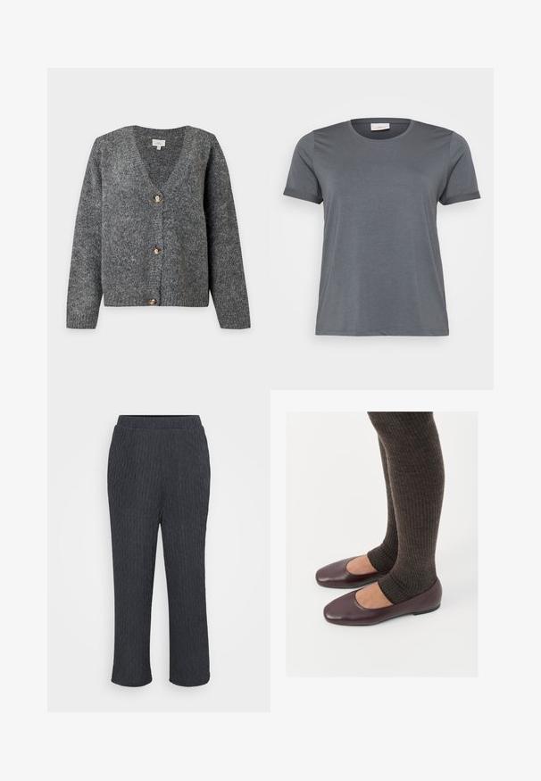 Cardigan gris foncé en maille avec col en V, manches longues et trois gros boutons marron sur le devant, sur un fond clair uni.; T-shirt gris à manches courtes en tissu doux, avec un col rond classique et des manches retroussées. Texture lisse sans motifs visibles.; Pantalons gris foncé avec un design texturé et côtelé, dotés d'une taille élastique et de jambes fuselées. Fabriqués en matériau léger et doux.; Ballerines en cuir verni bourgogne à bout carré, accompagnées de chaussettes en tricot côtelé marron foncé atteignant le molet.