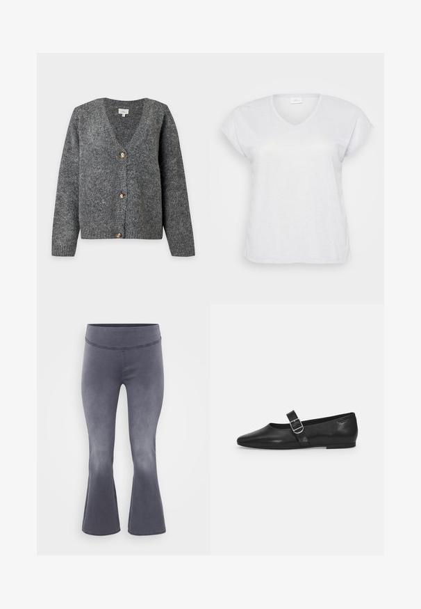 Mørkegrå strikket V-hals cardigan med lange ærmer og tre store brune knapper foran på en ensfarvet lys baggrund.; Hvid kortærmet V-hals t-shirt med en subtil skimmereffekt, der har en afslappet pasform og ingen synlige mønstre eller accenter.; Grå flagrende bukser med en bred talje. Glat stof med en let glans, der falmer fra mørkt i toppen til lysere mod bunden.; Sorte læder flade sko med rund tå, et enkelt justerbart spænde og en glat, blank overflade. Minimalistisk design med en lav hæl.