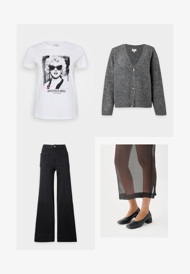 Cardigan gris foncé en maille avec col en V, manches longues et trois gros boutons marron sur le devant, sur un fond clair uni.; T-shirt en coton blanc avec un graphisme noir et blanc d'une femme portant des lunettes de soleil, avec le texte "Marilyn" et "États-Unis d'Amérique".; Pantalon noir taille haute à jambes larges avec poches plaquées avant et fermeture par boutons, posé à plat sur un fond clair uni.; Chaussures noires à talons blocs avec une finition en cuir lisse, portées avec une jupe noire transparente à ourlet net et design minimaliste.