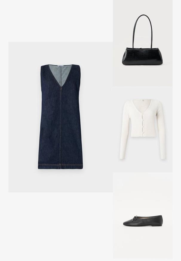 Valkoinen ribbikuvioinen lyhyt neuletakki, jossa on pitkät hihat, V-pääntie ja etunnappi, jossa on soikeita aukkoja ja helmiä muistuttavia korosteita.; Denim sleeveless dress, tummansininen, V-pääntie, etuvetoketju, vähäiset ompeluyksityiskohdat, suorasiluetti, sileä pinta.; Musta nahkainen ballerina-mallinen kenkä, jossa on pyöreä kärki ja koristeellinen rusettidetaili. Suunnittelussa on sileä pinta ja matala, litteä korko.; Musta suorakaiteenmuotoinen olkalaukku, jossa pitkät ohuet hihnat ja sileä, kiiltävä pinta yksivärisellä taustalla.
