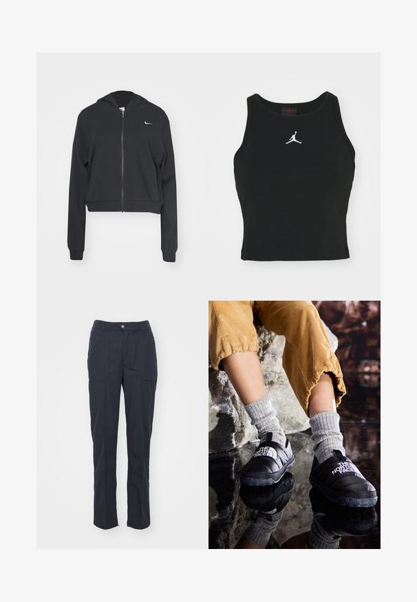 Mustat lyhyet hupparit, jotka on valmistettu pehmeästä kankaasta, jossa on täyspitkä vetoketju, huppu, pitkät hihat ja pieni valkoinen Nike-logo rinnassa.; Mustan muotonsa mukaisesti istuva hihaton paita, joka on valmistettu puuvillasta. Paitassa on pyöreä pääntie ja edessä keskellä valkoinen Jordan-logo brodeerattuna. Sujuva tekstuuri.; T tumma laivastonsininen housu, jossa on suora malli, kahdella etutaskulla, napillisella suljennalla ja sileällä kankaan pinnalla.; Mustat eristetyt liukupohjaiset kengät, joissa on tekstuuriset pohjat ja valkoinen logo, käytetty harmaiden neulosasukasien kanssa, yhdistetty ribattuihin sinapinkeltaisiin housuihin.