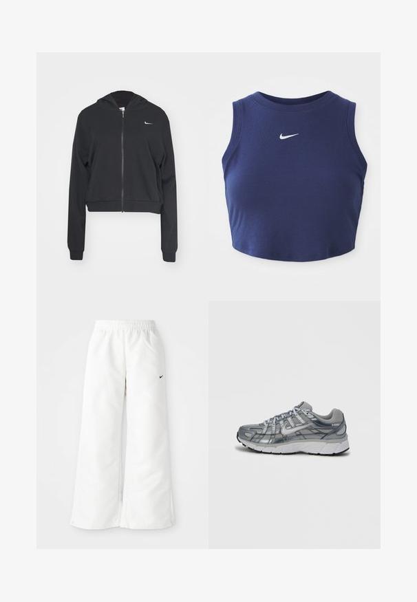 Sort cropped hoodie lavet af blød stof, med fuld lynlås, hætte, lange ærmer og et lille hvidt Nike-logo på brystet.; Marineblå ribbet crop top med rund halsudskæring og uden ærmer, med et lille hvidt Nike-logo på brystet.; Hvide atletiske bukser med et bredbenet design, elastisk talje og et lille sort Nike-logo på venstre side. Glat, let materiale.; Grå atletiksko med mesh-overdel, metaliske detaljer og hvid sål. Har snøresystem og teksturerede detaljer for bedre greb.