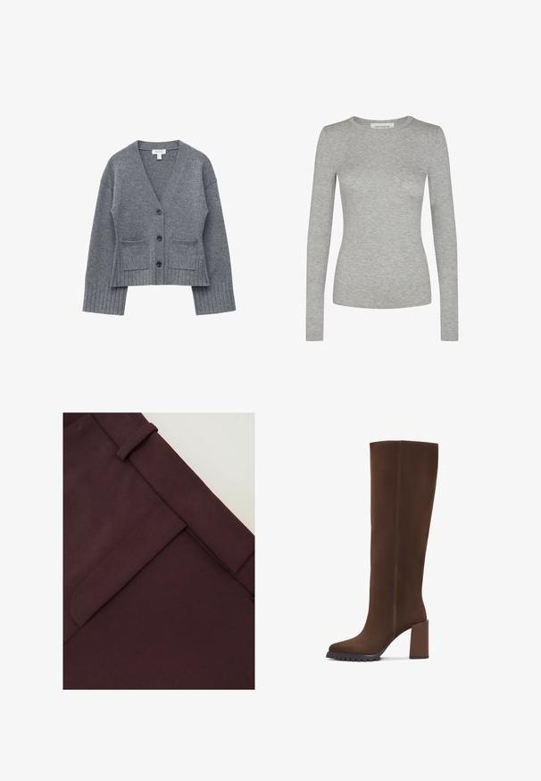 Grå strikket cardigan med knapper, lange ærmer, to påsyede lommer foran samt ribstrikkede manchetter og kant.; Sofie Schnoor SOFIE SCHNOOR - Langærmet T-shirt - grey mel; Bourgogne skræddersyede bukser med en glat tekstur, struktureret taljebånd og en diskret sidelomme detalje.; Brune knæhøje støvler lavet af blødt stof, med firkantet tå, blokhæl og en tekstureret gummisål. Rene linjer uden udsmykning.