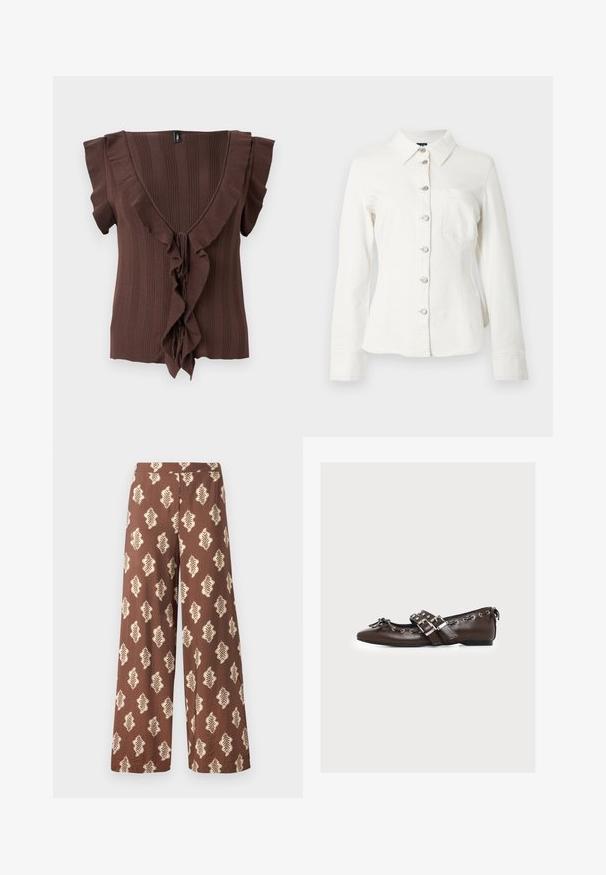 Braunes Stricktop mit tiefem V-Ausschnitt, kurzen Ärmeln und vertikal geripptem Textur, verziert mit einem Rüschenbesatz entlang der Vorderseite.; Weißes Denimhemd mit Kragen, langen Ärmeln und einer vorderen Knopfleiste. Verfügt über eine einzelne Brusttasche und silberne Knopfdetails.; Breite braune Hose aus einem Stoff mit strukturierten Oberfläche, versehen mit einem sich wiederholenden Blättermuster in Cremefarbe. Elastischer Bund.; Brauner Lederschuh mit flacher Sohle, doppelten silbernen Schnallenriemen, dekorativen Schnürungen an den Rändern und einer kleinen Schleife an der spitzen Schuhspitze.