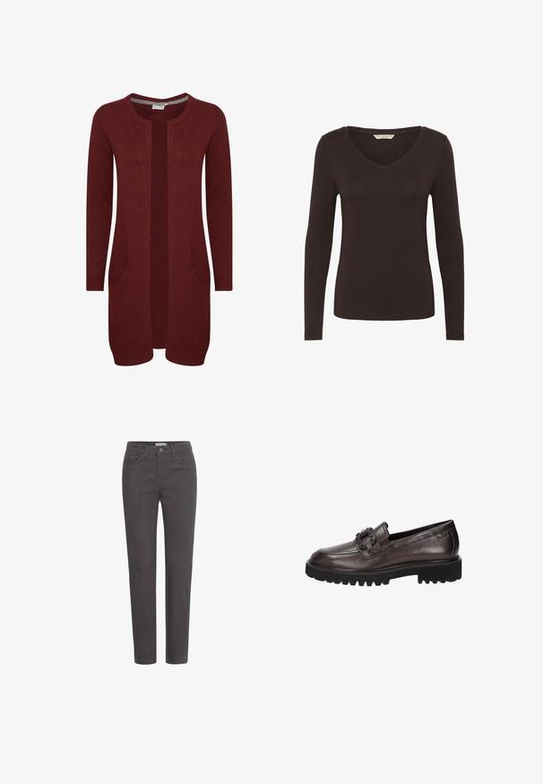 Bordeaux gebreide cardigan met lange mouwen, open voorkant, twee voorkokken, geribde manchetten en zoom. Zachte textuur, lichtgewicht ontwerp.; Bruine top met lange mouwen en een V-hals, gemaakt van zacht materiaal. Heeft een nauwsluitende pasvorm en subtiele stiksels aan de zoom en manchetten.; Donkergrijze spijkerbroek met rechte pijpen, voorkeisen en een knoopsluiting. Het materiaal heeft een soepele textuur en minimale hardwareaccenten.; Bruine leren loafer met een ronde neus, voorzien van een decoratieve band en gestipte accenten, op een dikke zwarte rubberen zool met een gestructureerd profiel.