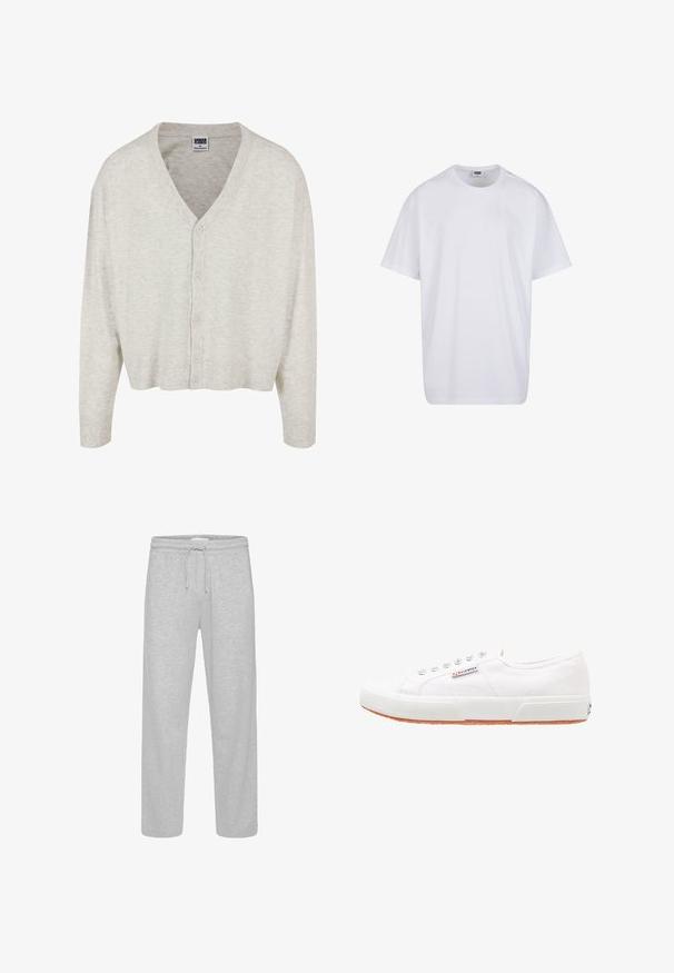 Cardigan gris clair en tissu doux, avec un col en V, des manches longues et une fermeture à boutons, présentant un ourlet court.; T-shirt blanc uni en coton à manches courtes avec col rond et étiquette de taille et de marque visible à l'intérieur du col.; Pantalon de survêtement gris avec une taille à cordon, coupe droite, texture douce, sans motifs ni accents visibles.; Baskets en toile blanches avec une semelle en caoutchouc, design à lacets et une petite étiquette logo sur le côté. Tige blanche texturée et semelle extérieure marron.