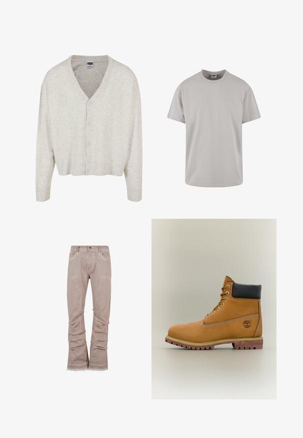 Cardigan gris clair en tissu doux, avec un col en V, des manches longues et une fermeture à boutons, présentant un ourlet court.; T-shirt en coton gris clair, à manches courtes, col rond, coupe décontractée, texture lisse, sans motifs ni graphiques visibles. Design épuré.; Pantalons en corduroy beige clair avec une coupe décontractée, dotés de grandes poches avant, de fronces sur les côtés et d'ourlets effilochés pour un look texturé.; Bottine en cuir marron avec col noir, lacets jaunes et semelle beige. Présente un logo et des détails de couture blanche. Semelle extérieure à traction robuste.