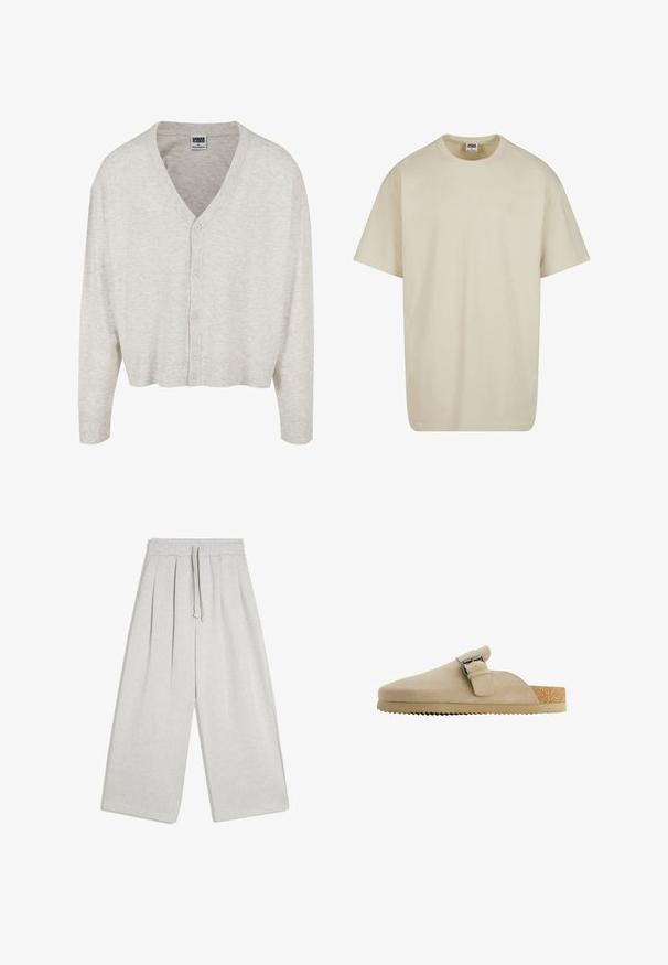 Lichtgrijze cardigan van zachte stof, met een V-hals, lange mouwen en een knopenfront met een cropped zoom.; Lichtbeige katoenen T-shirt met korte mouwen, een ronde hals en een losse pasvorm. De stof oogt glad zonder zichtbare patronen of accenten.; Lichtgrijze broek met wijde pijpen, elastische tailleband en koord, met plooien aan de voorkant en een losse pasvorm.; Beige suède klomp met een gebogen vorm, verstelbare metalen gesp en een getextureerde kurken voetbed. De buitenzool heeft een getande rand voor grip.