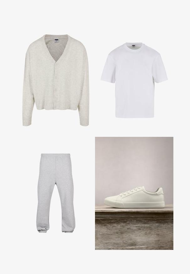 Cardigan gris clair en tissu doux, avec un col en V, des manches longues et une fermeture à boutons, présentant un ourlet court.; T-shirt blanc à manches courtes en coton. Il présente un col rond et une coupe décontractée. Texture lisse, design minimaliste, sans motifs ni accents.; Pantalon de jogging en coton gris clair avec taille élastique et poignets aux chevilles, présenté à plat sur fond blanc.; Sneaker en dentelle blanche flottant au-dessus d'un banc en bois avec un feuillage vert en arrière-plan, mettant en valeur le design et la texture de la chaussure.
