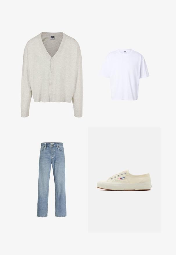 Cardigan gris clair en tissu doux, avec un col en V, des manches longues et une fermeture à boutons, présentant un ourlet court.; T-shirt blanc uni en coton à manches courtes, col rond, coupe ample et étiquette de marque Urban Classic à l'intérieur du col.; Jean en denim bleu clair avec une coupe droite, taille haute, style cinq poches et décoloration légère, avec fermeture à bouton en métal.; Baskets en toile beige au design épuré, œillets en métal et semelle en caoutchouc. Présente un motif texturé et un détail de logo sur le côté.