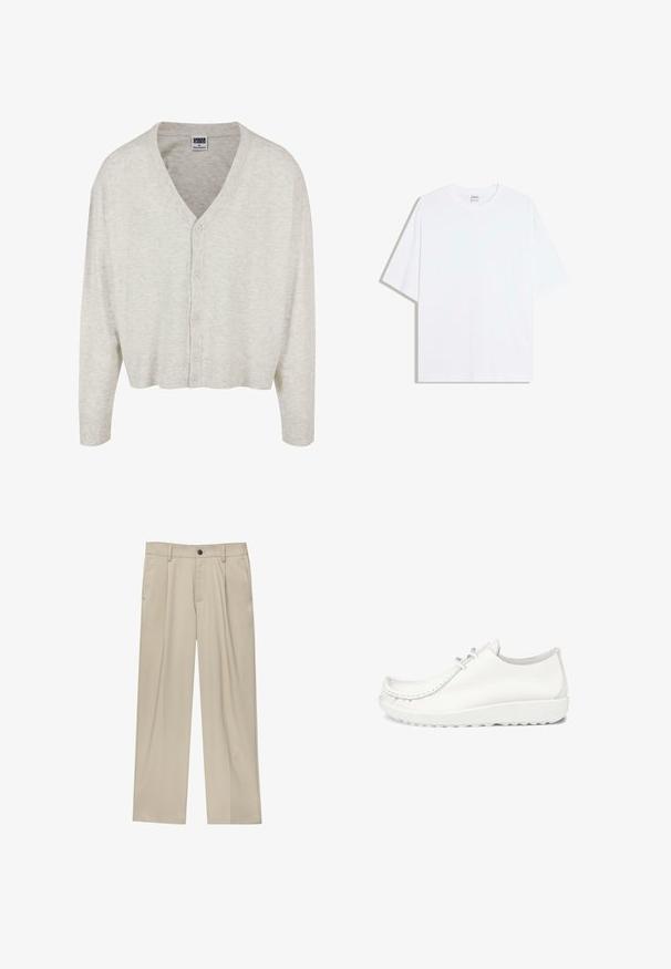 Lichtgrijze cardigan van zachte stof, met een V-hals, lange mouwen en een knopenfront met een cropped zoom.; Wit oversized katoenen T-shirt met een ronde hals en korte mouwen; gladde textuur, zonder zichtbare patronen of accenten.; Beige broek met een rechte snit, voorzien van een enkele zwarte knoop, riemlussen en zijzakken. Glad stoffen textuur en een minimalistisch ontwerp.; Witte leren schoenen met een ronde neus, gestikte details en een lichte witte zool. Voorzien van twee oogjes voor veters.