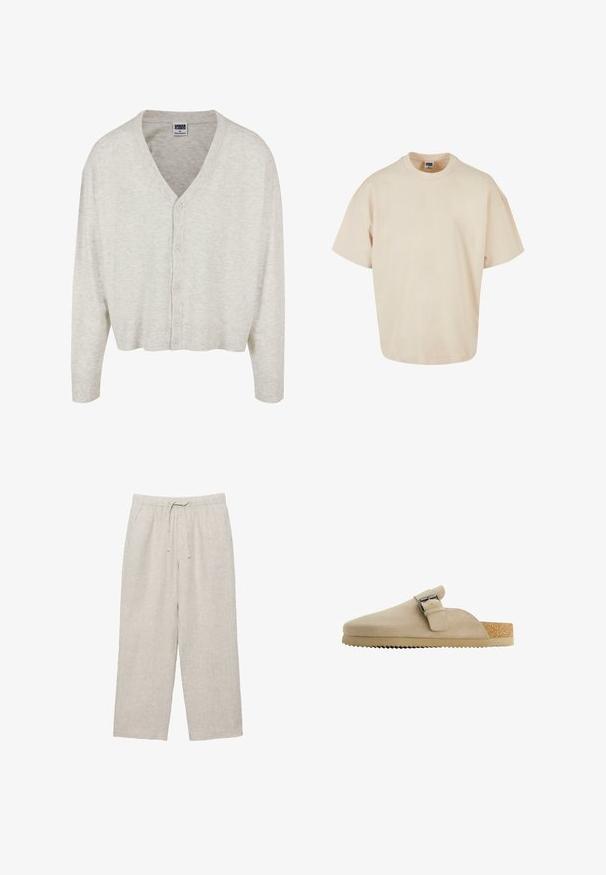 Lys grå cardigan lavet af blødt stof, med V-hals, lange ærmer og knaplukning samt en cropped længde.; Beige oversized T-shirt, lavet af blødt bomuldsstof, med rund hals og korte ærmer samt en lige nederkant. Simpelt og minimalistisk design.; Lyse beige hørbukser med elastisk talje og snøre, lige ben og sidelommer.; Beige ruskindssko med en buet form, justerbar metalspænde og struktureret korksål. Ydersålen har en sål med takker for bedre greb.