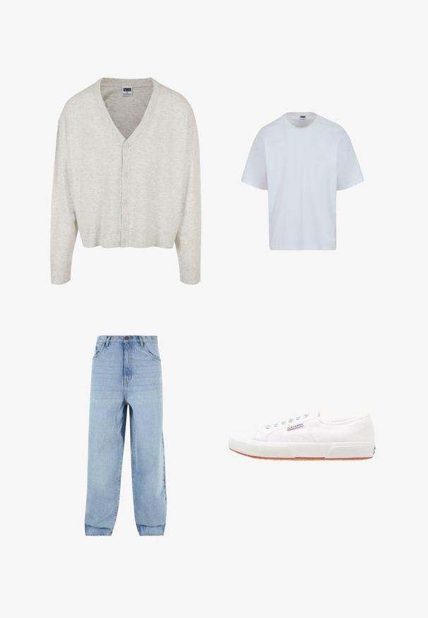 Cárdigan gris claro hecho de una tela suave, con cuello en V, mangas largas y cierre de botones, con un dobladillo corto.; Camiseta de algodón blanca con cuello redondo, mangas cortas y corte recto. Presenta sutiles detalles de costura en los hombros.; Jeans de denim azul claro con ajuste holgado, cintura alta y cinco bolsillos. Presenta presillas para el cinturón y un cierre de botón. Textura suave.; Zapatillas de lona blancas con suela de goma, diseño de cordones y una pequeña etiqueta con el logo en el lateral. Parte superior texturizada blanca y suela marrón.