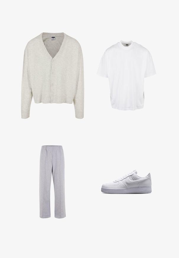 Cárdigan gris claro hecho de una tela suave, con cuello en V, mangas largas y cierre de botones, con un dobladillo corto.; Camiseta de algodón blanca con un corte relajado, mangas cortas y cuello redondo, que presenta un dobladillo recto y sin gráficos ni patrones visibles.; Pantalones de chándal de algodón ligero en color gris, con cintura elástica, piernas rectas y costuras visibles. Sin bolsillos ni adornos.; Zapatilla blanca Nike Air Force 1 de caña baja con cierre de cordones y suela texturizada, mostrada en perfil lateral sobre un fondo blanco.