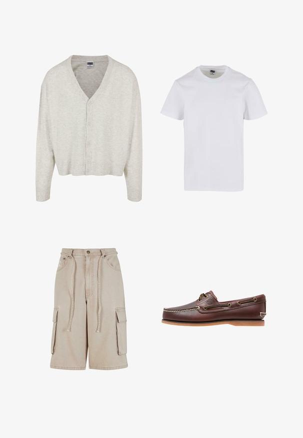 Cárdigan gris claro hecho de una tela suave, con cuello en V, mangas largas y cierre de botones, con un dobladillo corto.; Camiseta de algodón blanca con cuello redondo, mangas cortas y un corte holgado. Textura suave sin patrones ni acentos visibles.; Pantalones cortos cargo beige de algodón con cintura con cordón, dos bolsillos laterales y un bolsillo lateral adicional, que presentan detalles de costura visibles.; Zapato náutico de cuero marrón con costuras blancas, detalles de cordones y suela de goma color coñac, mostrado de lado sobre un fondo blanco.