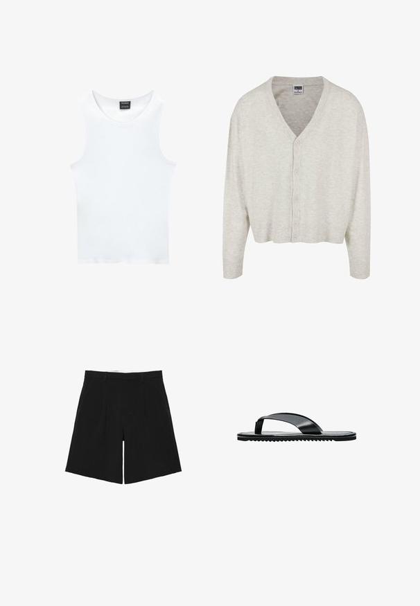 Lys grå cardigan lavet af blødt stof, med V-hals, lange ærmer og knaplukning samt en cropped længde.; Hvid ærmeløs tanktop lavet af ribbet bomuld. Har en rund halsudskæring og en glat tekstur. Etiketten siger "PULL&BEAR."; Sorte skræddersyede shorts med bæltestropper, forreste læg og sidelommer, lagt fladt på en hvid baggrund.; Sort flad flip-flop sandal med bred tårem og tekstureret sål, vist i profil på hvid baggrund.