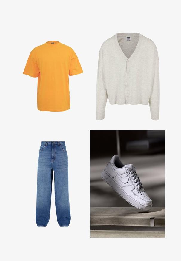 Helle graue Strickjacke aus weichem Material, mit V-Ausschnitt, langen Ärmeln und einer Knopfleiste sowie einem gekürzten Saum.; Oranges Baumwoll-T-Shirt mit rundem Halsausschnitt, kurzen Ärmeln und lockerer Passform. Keine Muster oder Akzente. Glatte Textur.; Hellblaue Jeans aus Denim mit hoher Taille, lockerem Schnitt und schmal zulaufenden Bündchen. Verfügt über fünf Taschen und dezente Ausbleichungen an der Vorderseite.; Weißer Nike Air Force 1 Sneaker aus Leder mit perforierter Zehenpartie, flachen Schnürsenkeln und strukturierter Gummisohle mit "AIR"-Branding an der Seite.
