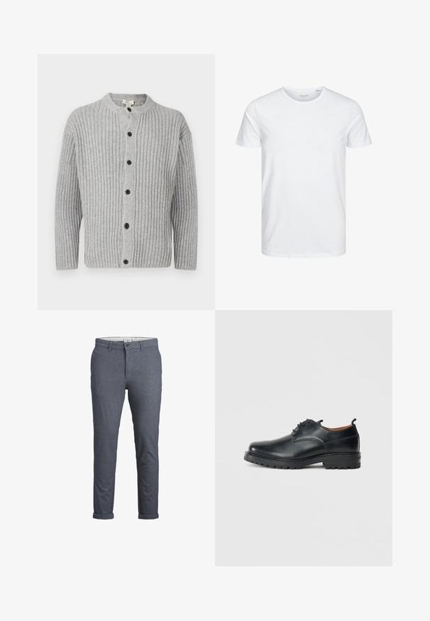 Grå ribstrikket cardigan med rundet halsudskæring, knaplukning og lange ærmer. Har sorte knapper og et tekstureret stof.; Rundhals kortærmet t-shirt i ensfarvet hvid, lavet af blød bomuld, har et simpelt design uden synlige mønstre eller detaljer.; Herremodelleret bukser i mørkeblå hørmønster, med knaplukning, elegant design og op-rullede manchetter. Fremstillet af letvægtsstof.; Sorte læder derby-sko med en glat overflade, rund tå, snøre-design og en tyk, robust gummisål.
