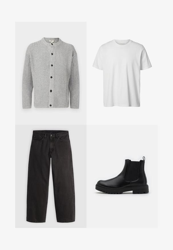 Grå ribstrikket cardigan med rundet halsudskæring, knaplukning og lange ærmer. Har sorte knapper og et tekstureret stof.; Enkelt hvid T-shirt med korte ærmer og rund hals, løs pasform og uden synlige logoer eller designs foran.; Sorte denimjeans med lige ben, fem lommer og bæltestropper, vist fladt på en ensartet lys baggrund.; Zign by Zalando LEATHER - Støvletter - black
