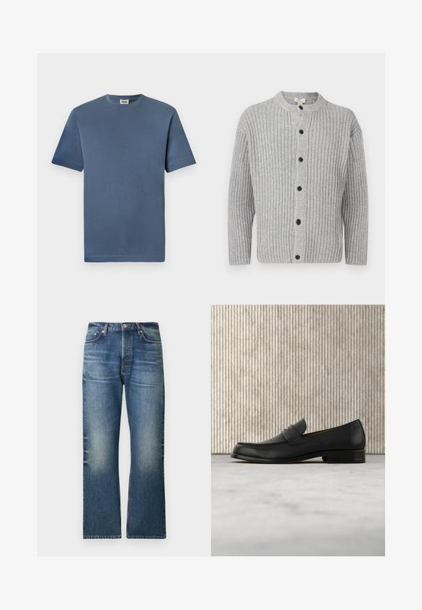 Cardigan en tricot côtelé gris avec un col rond, une fermeture boutonnée et des manches longues. Présente des boutons noirs et un tissu texturé.; T-shirt en coton bleu avec un col rond et des manches courtes. Présente une texture lisse et un ourlet droit. Pas de motifs ou graphiques visibles.; Jeans en denim bleu clair avec une coupe droite, présentant des zones délavées, cinq poches et une fermeture classique par bouton à la taille.; Mocassin en cuir noir flottant au-dessus d'un tapis beige avec une table ronde brune brillante en arrière-plan.