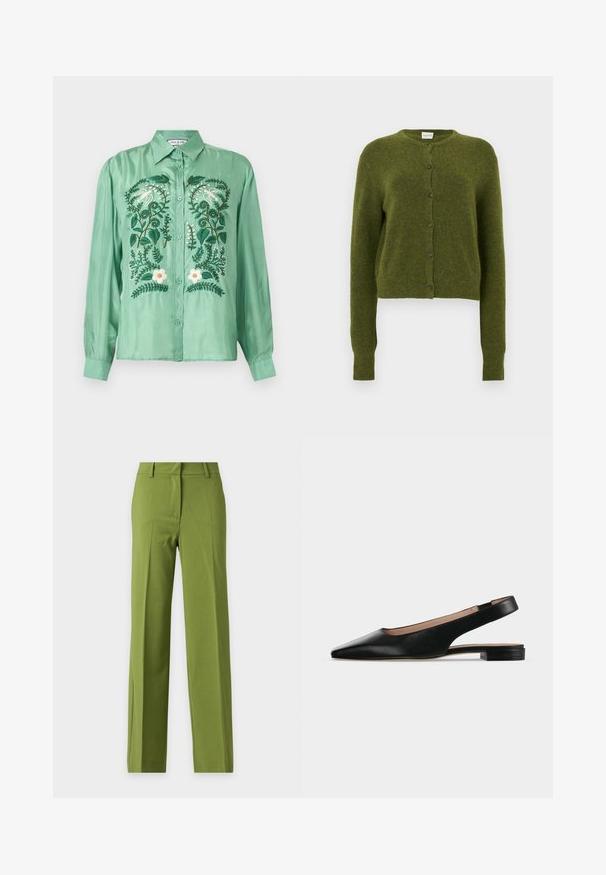 Cardigan vert en maille, coupe courte, encolure ronde, fermeture boutonnée à l'avant avec des boutons foncés, manches longues, texture douce.; Chemise verte à manches longues avec boutons, brodée d'oiseaux blancs, de feuilles vertes et de fleurs blanches sur le devant.; Pantalon vert droit avec passants de ceinture et pli avant, présenté sur un fond blanc uni.; Chaussure plate en cuir noir avec bride arrière, bout pointu et petit talon carré sur fond blanc.