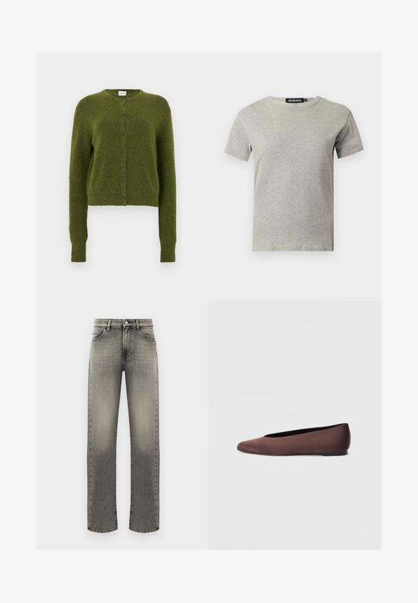 Grøn strikket cardigan, kort design, rund halsudskæring, forreste knaplukning med mørke knapper, lange ærmer, blød tekstur.; Lysegrå kortærmet crew neck bomulds T-shirt med synligt sort mærke inde i kraven med teksten "DENIM" og størrelse "S".; Grå denimjeans med lige ben, der har et falmet mønster, fem lommer og stikninger langs sømme og talje.; Brune balletflade sko i stof med spids tå og glat tekstur, med lav hælkappe og tynd sort sål. Ingen synlige mønstre eller beslag.