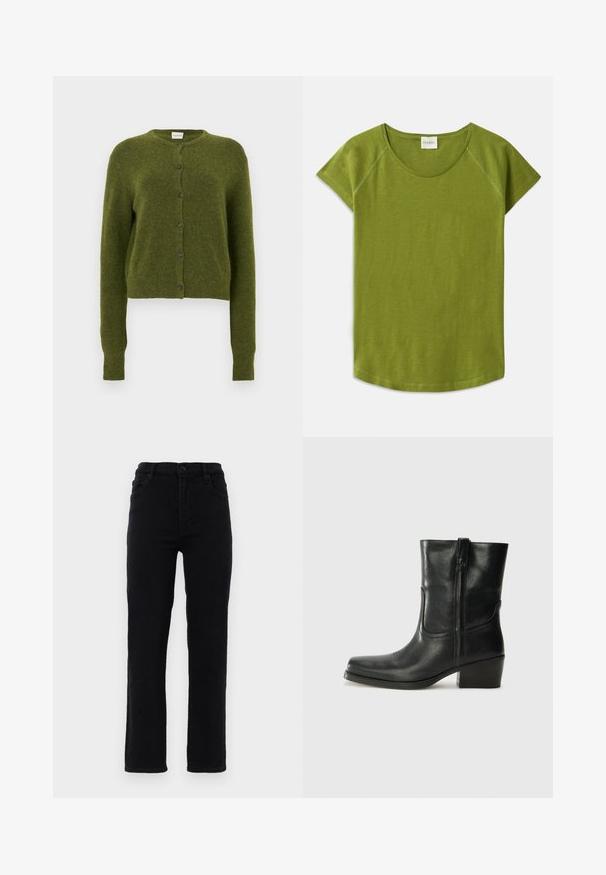 Grøn strikket cardigan, kort design, rund halsudskæring, forreste knaplukning med mørke knapper, lange ærmer, blød tekstur.; Grøn kortærmet t-shirt lavet af blødt stof. Har en rund halsudskæring og en afslappet pasform. Renset design uden synlige mønstre eller accenter.; Sorte jeans i denim med lige ben, en mellemhøj talje og fem lommer. Har en frontlukning med knap og bæltestropper.; Sort læder ankelstøvle med rundt tå, blokhæl, lynlås i siden og stikninger på vampsiden. Glat tekstur, klassisk design.