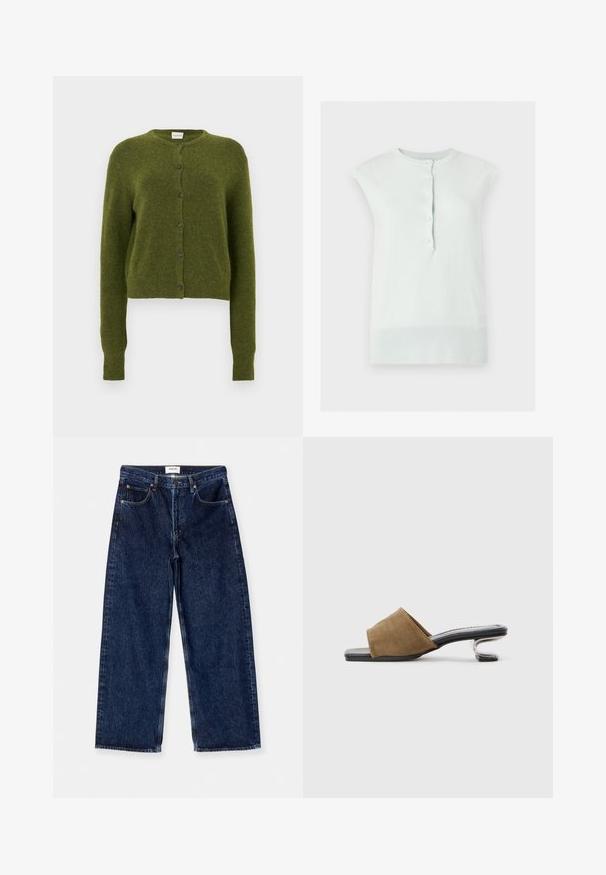Grøn strikket cardigan, kort design, rund halsudskæring, forreste knaplukning med mørke knapper, lange ærmer, blød tekstur.; Ærmeløs hvid strikket top med ribbet krave og kant, med en knapliste foran med fem knapper.; Mørkeblå denim brede bukser med høj talje, forlommer og en glat tekstur med subtile stikningsdetaljer.; Brun stof slide-sandal med en buet metallisk hæl og en firkantet tå. Har en glat overflade og et bredt øverste bånd.