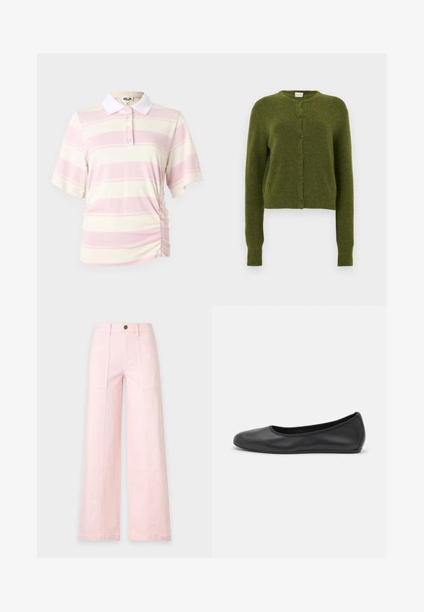Cardigan vert en maille, coupe courte, encolure ronde, fermeture boutonnée à l'avant avec des boutons foncés, manches longues, texture douce.; Polo rayé rose et crème, à manches courtes et col blanc. Comprend une fermeture à boutons et un détail froncé sur le côté.; Pantalon rose clair à jambes larges, taille haute, poches avant, passants de ceinture et fermeture par bouton à la taille.; Ballerines en cuir noir avec un bout rond, texture lisse, détails de couture minimalistes et design de semelle flexible.
