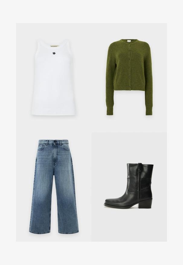 Grøn strikket cardigan, kort design, rund halsudskæring, forreste knaplukning med mørke knapper, lange ærmer, blød tekstur.; Hvid ærmeløs tanktop lavet af bomuld, med rund halsudskæring og et lille sort bjørnelogo i midten. Glat tekstur.; Lyseblå vide jeans lavet af denim, med høj talje, forlommer og klassisk syning. Ingen synlige dekorationer.; Sort læder ankelstøvle med rundt tå, blokhæl, lynlås i siden og stikninger på vampsiden. Glat tekstur, klassisk design.