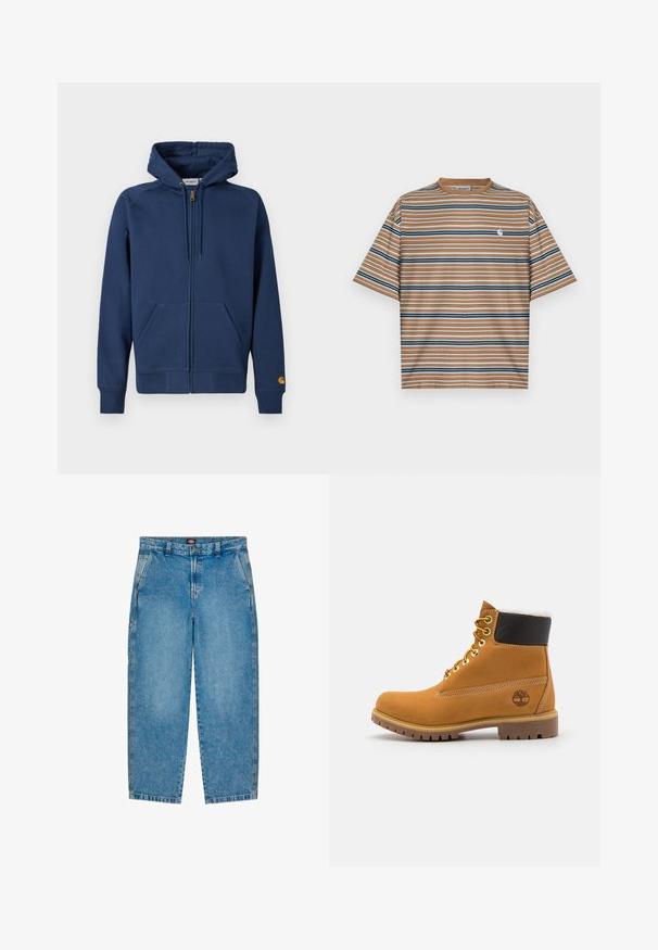 Marineblauwe hoodie met ritssluiting, gemaakt van een katoenmix, voorzien van een capuchon met trekkoord, kangaroezakken en geribbelde boorden aan de mouwen en zoom.; Bruine gestreepte T-shirt met korte mouwen, voorzien van horizontale strepen in blauw, wit en marineblauw. Heeft een klein wit logo op de borst.; Lichtblauwe denim jeans met een rechte pijp. Voorzien van voorzakken, een rits en contrasterende stiksels langs de naden.; Bruine leren enkellaars met metalen oogjes, witte faux bont voering, zwarte gewatteerde kraag, robuuste zool en een reliëflogo aan de zijkant.