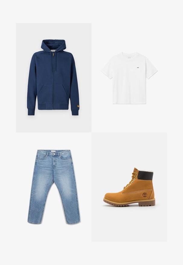 Marineblaue Zip-up-Kapuzensweatshirt aus Baumwollmischgewebe mit Kordelzugkapuze, Kängurutaschen sowie gerippten Bündchen und Saum.; Weißes Baumwoll-T-Shirt mit kurzen Ärmeln und rundem Halsausschnitt. Mit einem kleinen schwarzen Logo "W.W." auf der linken Brustseite. Schlichtes Design.; Hellblaue Jeans aus Denim mit geradem Bein, fünf Taschen, Metallknopfverschluss und dezenten Ausbleichungen auf dem Stoff.; Braune Leder-Ankle-Boots mit Metallösen, weißem Kunstfellfutter, schwarzem gepolstertem Kragen, robustem Sohlenprofil und geprägtem Logo an der Seite.