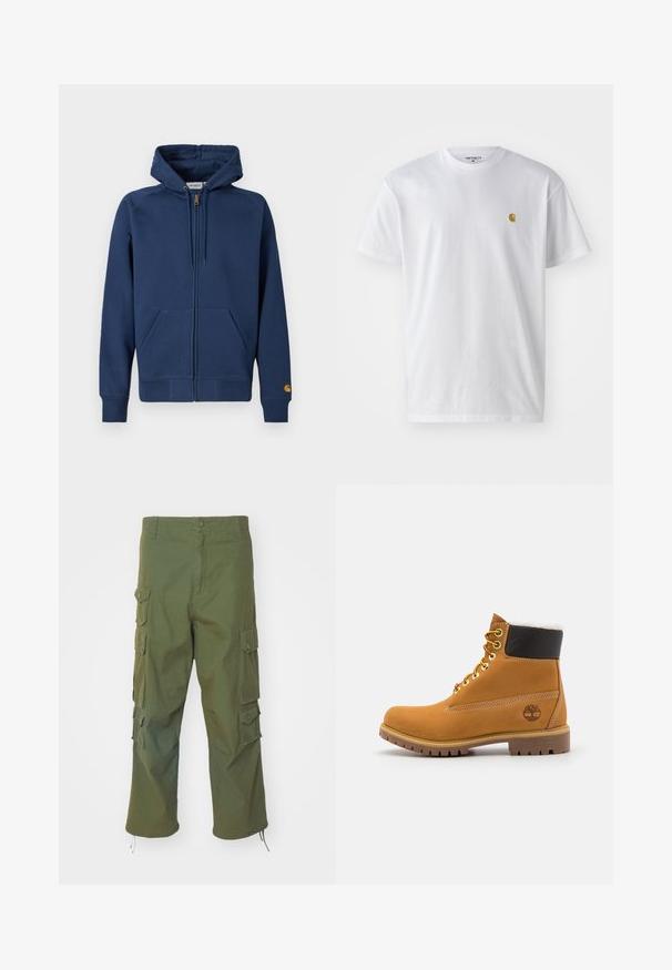Sudadera con capucha azul marino con cremallera, fabricada en una mezcla de algodón, con capucha ajustable con cordón, bolsillos tipo canguro y puños y dobladillo acanalados.; Camiseta de algodón blanca con mangas cortas, cuello redondo, que presenta un pequeño logo dorado en la parte izquierda del pecho. Textura suave y corte regular.; Pantalones cargo verde oliva de algodón, con bolsillos laterales, cierre de botón, corte recto y con bajos ajustables para un largo personalizable.; Botín de cuero marrón con ojales de metal, forro de piel sintética blanca, cuello acolchado negro, suela resistente y logotipo en relieve en el costado.