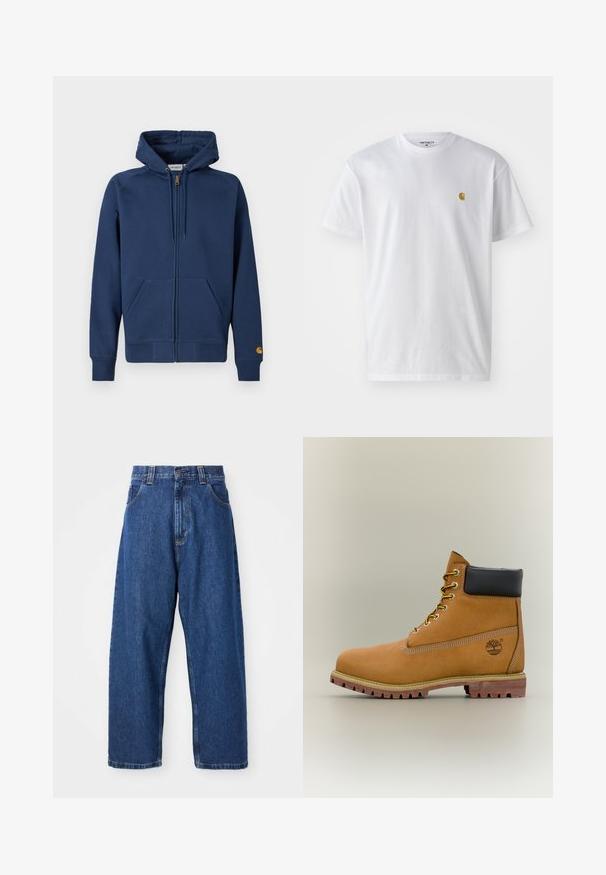 Marineblaue Zip-up-Kapuzensweatshirt aus Baumwollmischgewebe mit Kordelzugkapuze, Kängurutaschen sowie gerippten Bündchen und Saum.; Weißes Baumwoll-T-Shirt mit kurzen Ärmeln, Rundhalsausschnitt, mit einem kleinen goldenen Logo im linken Brustbereich. Weicher Stoff und normale Passform.; Weite Jeans aus Denim in Dunkelblau. Hohe Taille, Gürtelschlaufen und klassisches Fünf-Taschen-Design. Gestickter Saum mit sauberem Finish.; Brauner Leder-Stiefelette mit schwarzem Kragen, gelben Schnürsenkeln und hellbrauner Sohle. Verfügt über ein Logo und weiße Ziernähe. Robuste Profilsohle.