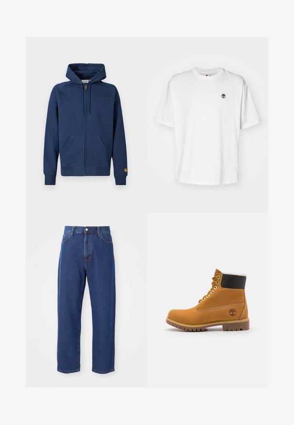 Marineblaue Zip-up-Kapuzensweatshirt aus Baumwollmischgewebe mit Kordelzugkapuze, Kängurutaschen sowie gerippten Bündchen und Saum.; Weißes Baumwoll-T-Shirt mit rundem Halsausschnitt und kurzen Ärmeln, sowie einem kleinen schwarzen Baum-Logo auf der linken Brust. Weicher Stoff, lockere Passform.; Hoch taillierte blaue Jeans aus Denim, mit geradem Bein, sichtbaren Nähten und einem Frontknopfverschluss.; Braune Leder-Ankle-Boots mit Metallösen, weißem Kunstfellfutter, schwarzem gepolstertem Kragen, robustem Sohlenprofil und geprägtem Logo an der Seite.